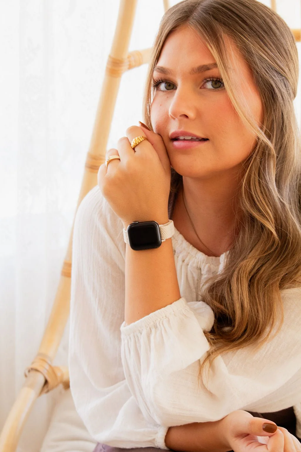 Ivory Thin Weaved Adjustable Elastic Watch Band - Image 3
