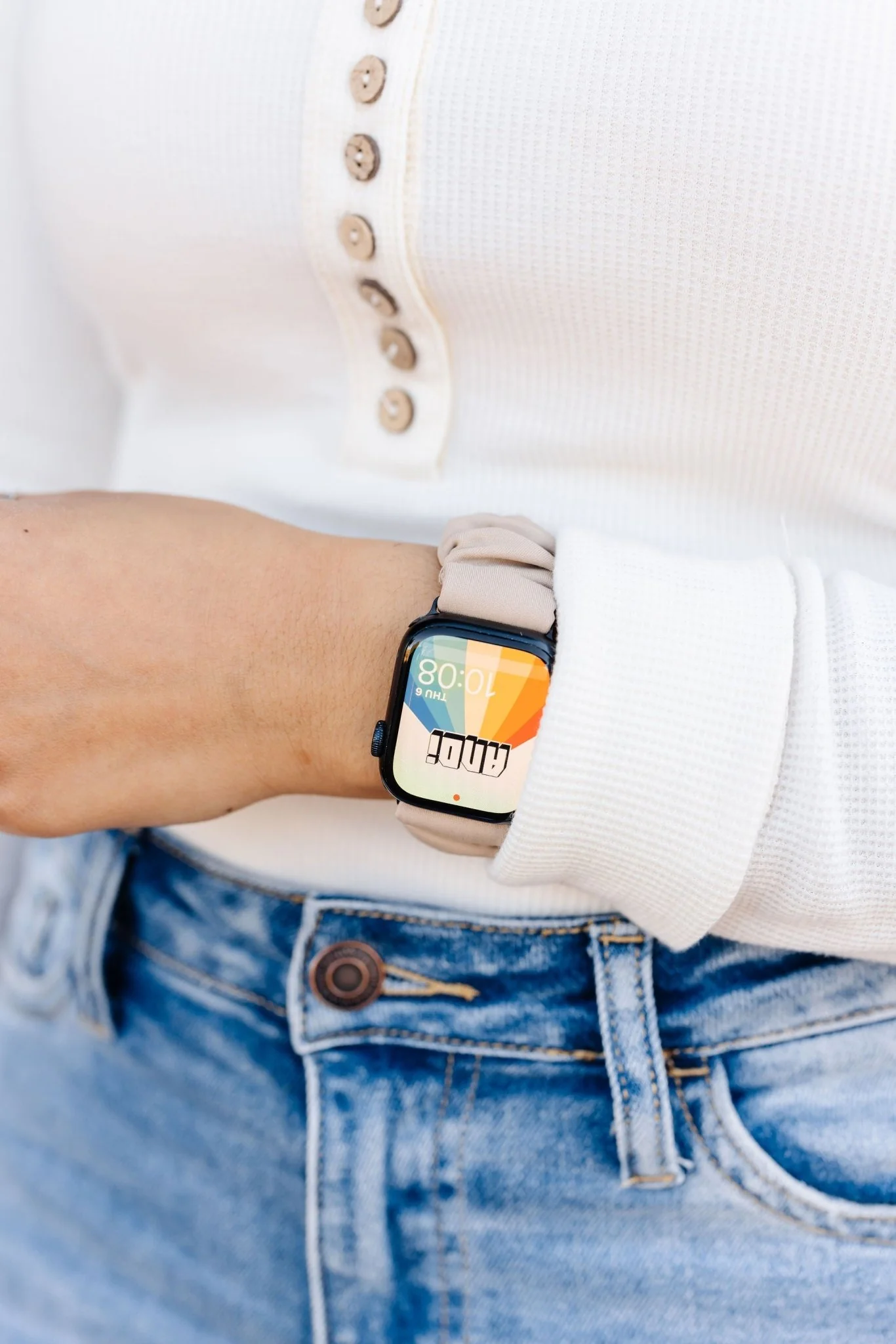 Light Tan Athletic Scrunchie Band Compatible with Apple Watch - Image 3