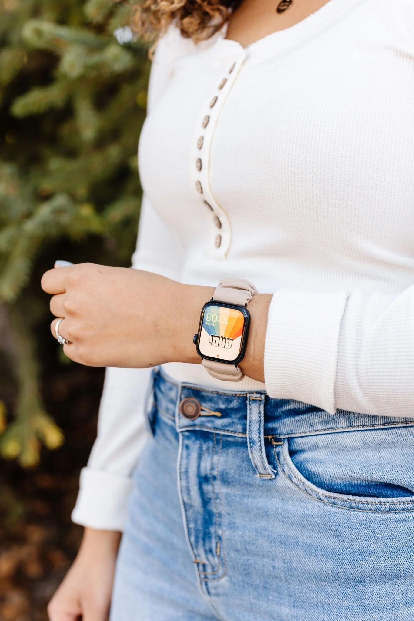 Light Tan Athletic Scrunchie Band Compatible with Apple Watch - Image 4