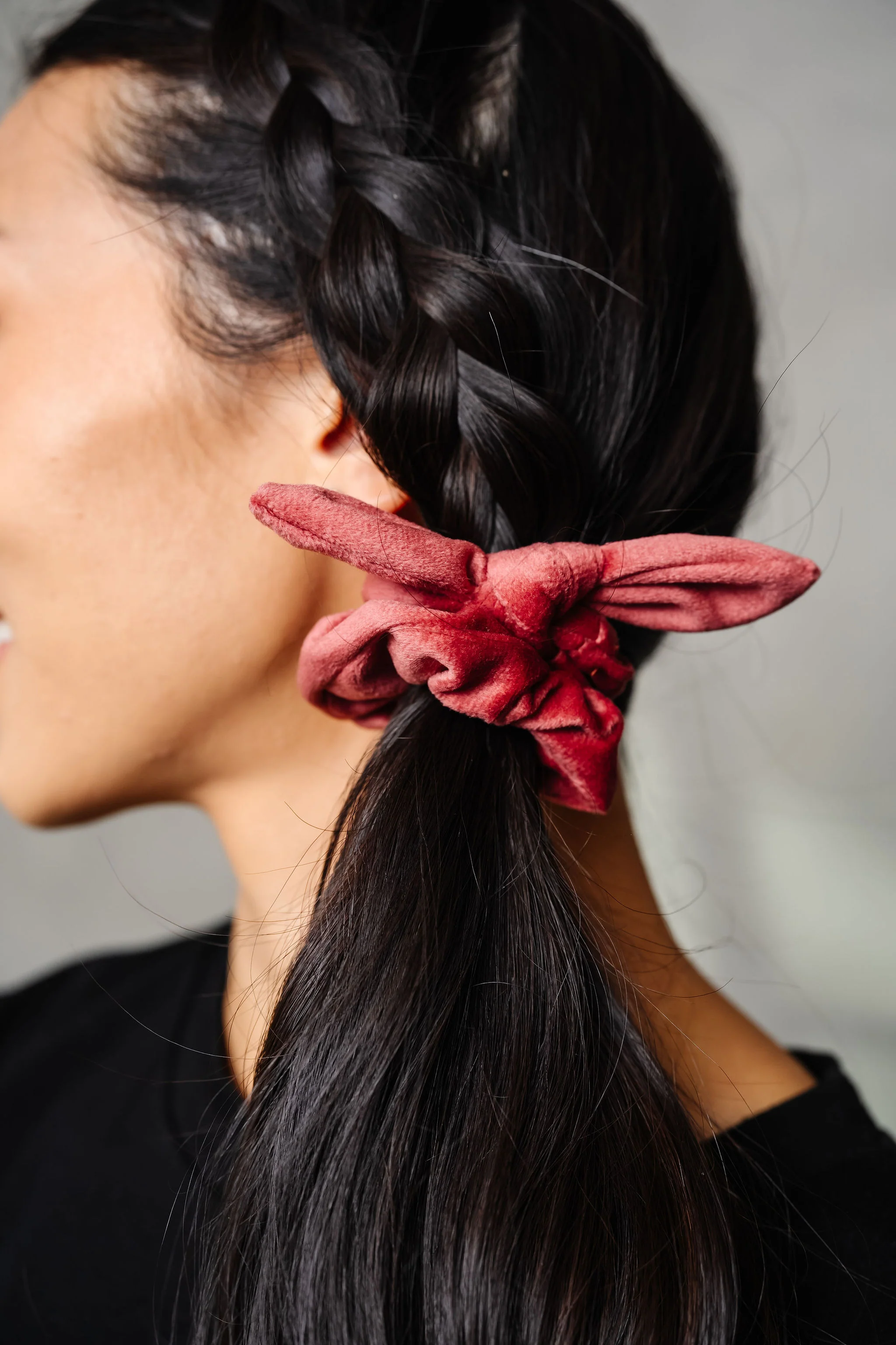Rusty Rose Velvet Bow Scrunchie - Image 3